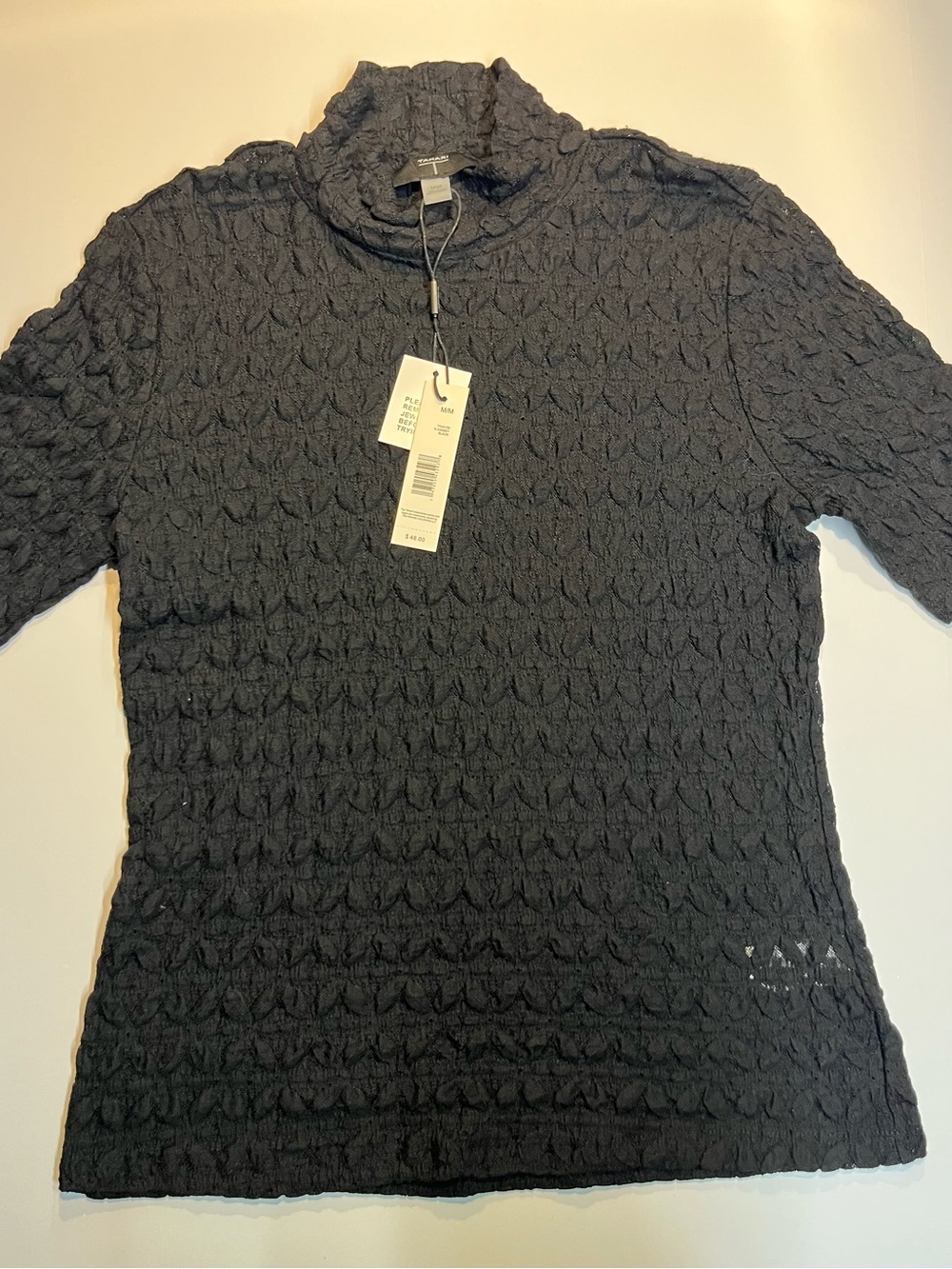 Tahari Black Textured Short-Sleeve Mock Neck Top